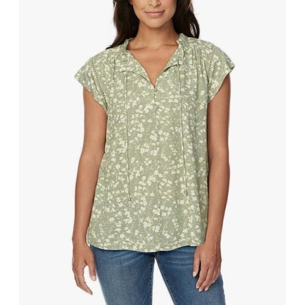 Buffalo David Bitton Sage Green Floral Cap Sleeve Top S 100% Viscose